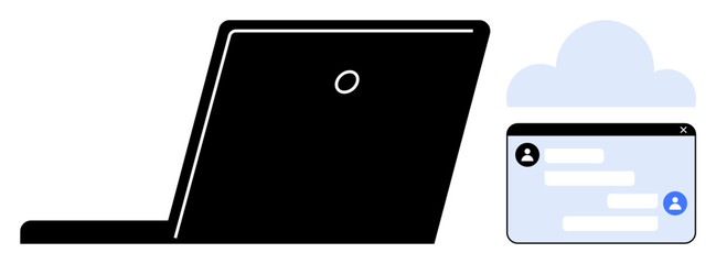 Laptop alongside a dialogue interface and cloud figure emphasizes digital interaction, cloud storage, and communication tools. Ideal for tech, cloud computing, teamwork, networking, online