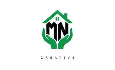 MN Home Care Logo - Green House and Hand Symbol for Real Estate, Eco Housing & Modern Branding