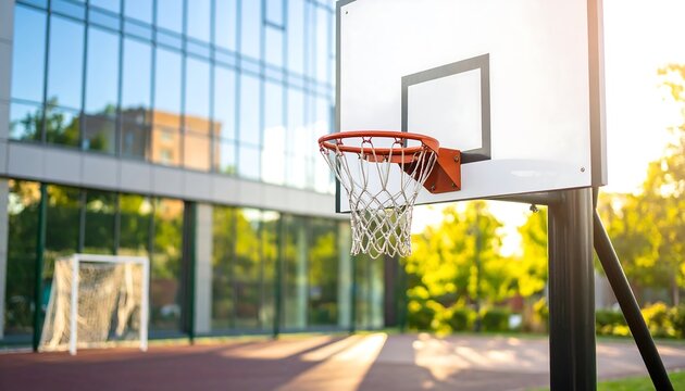 A basketball hoop stands prominently against a modern glass building, with a blurred background of trees and a soccer goal, offering a tranquil outdoor sports scene. - Powered by Adobe