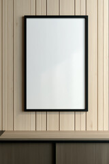 Framed picture above shelf on wall, great for home decor, interior design blogs, or showcasing artwork in a modern setting.