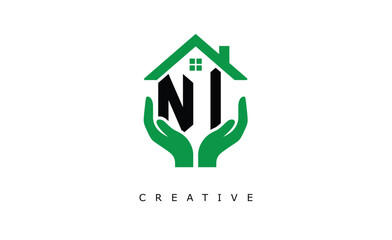 NI Home Care Logo - Green House and Hand Symbol for Real Estate, Eco Housing & Modern Branding
