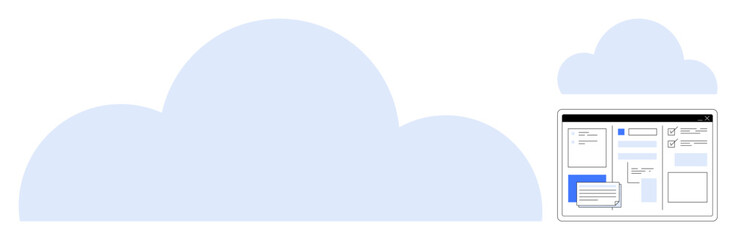Large blue clouds with a digital interface outline data management and connectivity. Ideal for technology, cloud storage, application development, remote work, data sharing, networking, scalability