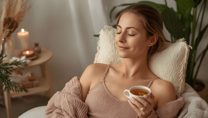 Woman relaxing with tea in cozy setting surrounded by plants and candles in a serene atmosphere on transparent background