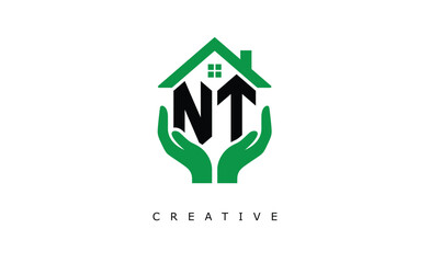 NT Home Care Logo - Green House and Hand Symbol for Real Estate, Eco Housing & Modern Branding