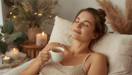 Woman relaxing in bed with eyes closed holding a mug with candles and plants in the background on transparent background