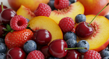 Obraz premium Vibrant Assortment of Fresh Ripe Berries and Sliced Peaches Abundant in Nutrients