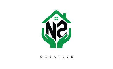NZ Home Care Logo - Green House and Hand Symbol for Real Estate, Eco Housing & Modern Branding