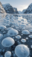 Frozen bubbles trapped in ice on a lake with mountains in the background on a sunny winter day on transparent background