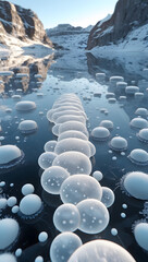Frozen methane bubbles trapped beneath the ice surface of a lake with mountains in the distance on transparent background