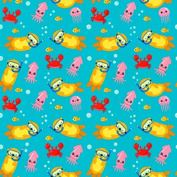 Underwater sea seamless pattern with with sea otter snorkeling squid and crab