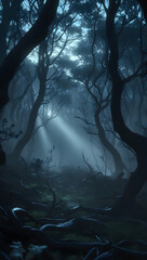 A misty forest with light streaming through the trees creating an ethereal atmosphere in the woods on transparent background