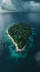 Aerial view of a lush tropical island surrounded by turquoise water under a cloudy sky landscape on transparent background