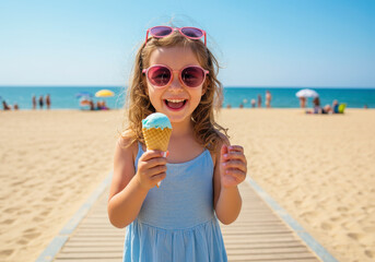 Happy young girl enjoys a refreshing ice cream cone on a sunny beach boardwalk during summer vacation