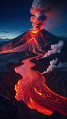 A volcano erupting with lava flowing down the sides under a starry night time sky view scene on transparent background