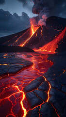 Fiery landscape with a volcano erupting and lava flowing down the mountain and across the ground on transparent background
