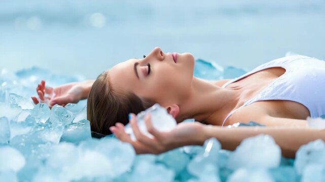 Woman lying on ice, cryotherapy session, cold exposure practice, wellness and recovery method, anti-inflammatory health treatment, body cooling therapy