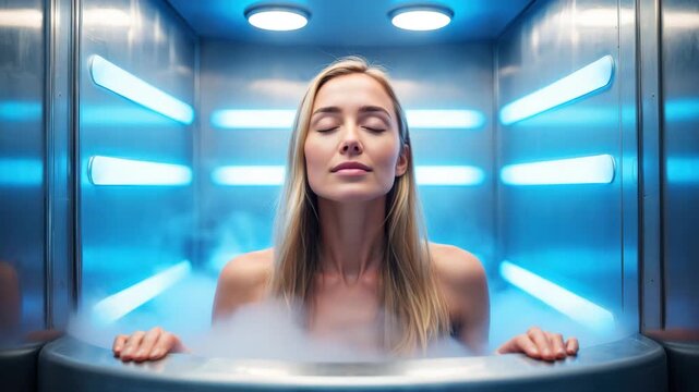 Woman in cryotherapy chamber, cold therapy treatment, wellness recovery session, modern rejuvenation technology, anti-inflammatory procedure, health optimization method