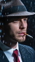 A noir detective in a fedora smoking a cigarette in the rain, evoking a sense of mystery and drama in a classic film style