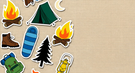 Camping Adventure Flat Lay with Tent, Campfire, and Backpack on Tan Background