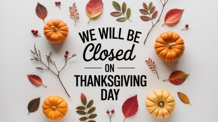 Thanksgiving day closure announcement with pumpkins and autumn leaves isolated on white background, perfect for holiday greetings and seasonal decorations