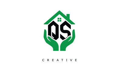 QS Home Care Logo - Green House and Hand Symbol for Real Estate, Eco Housing & Modern Branding