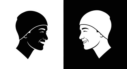 Two happy people facing each other, a black and white icon representing positive communication, friendship, and agreement.