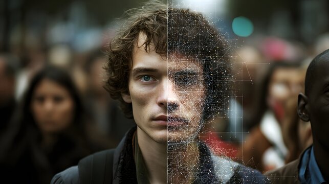 Split portrait of a mans face half realistic and half a digital data network.