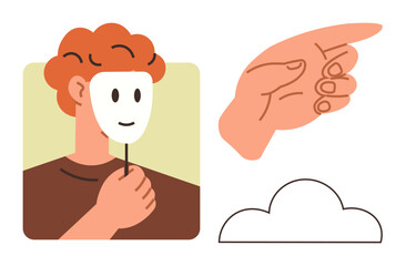Red-haired person holding a mask, a pointing hand directing attention, and a cloud conveying thoughts or vagueness. Ideal for concepts of identity, deception, guidance, decision-making, awareness