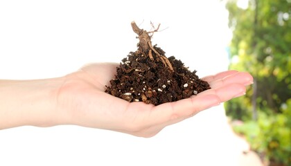 A small pile of soil and roots rests gently in a hand, ready for planting.