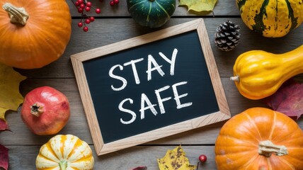 A rustic autumn display with pumpkins, gourds, and a chalkboard sign reminding to stay safe during the thanksgiving and harvest season