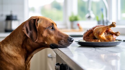 A brown dog longingly gazes at a roasted turkey on a kitchen counter, expressing desire and anticipation for the delicious holiday meal