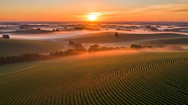 Drone aerial camera view in the field at sunset