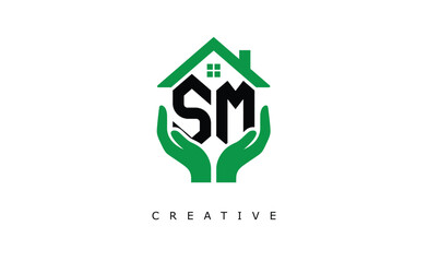 SM Home Care Logo - Green House and Hand Symbol for Real Estate, Eco Housing & Modern Branding