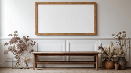 Room with bench, frame, and vases of plants. Perfect for interior design, home decor, or lifestyle concepts needing a cozy ambiance.