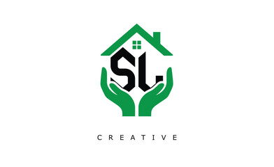 SL Home Care Logo - Green House and Hand Symbol for Real Estate, Eco Housing & Modern Branding