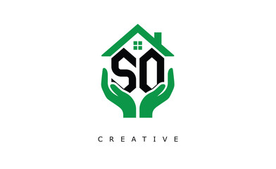 SO Home Care Logo - Green House and Hand Symbol for Real Estate, Eco Housing & Modern Branding