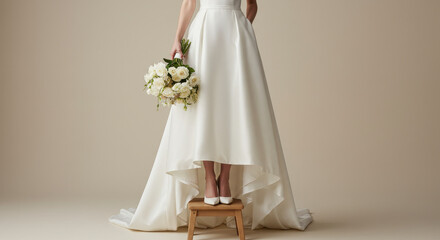 Elegant bride in a flowing white gown holding a beautiful bouquet of white flowers standing on a stool