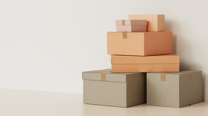 A stack of cardboard boxes of various sizes is leaning against a white wall, creating a simple and minimal scene with copy space