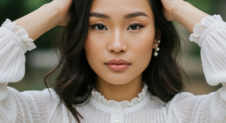 Beautiful Asian woman with freckles and subtle makeup wearing a white ruffled blouse