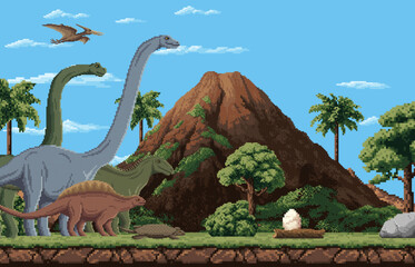 8 bit pixel art prehistoric dinosaurs with dino eggs. Retro 2D arcade game pixel vector landscape or scene with prehistoric land and flying dinosaurs, volcano mountain, jungle trees and dino egg © Vector Tradition