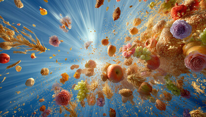 Vibrant explosion of fruits, flowers, and grains bursting with life and energy
