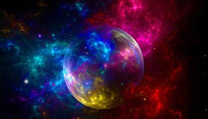 A vibrant, colorful celestial sphere dominates a cosmic landscape of swirling nebulas and stardust.