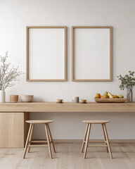 Two stools below framed art and a wooden shelf display ideal for interior design, home decor, furniture stores, or art galleries.