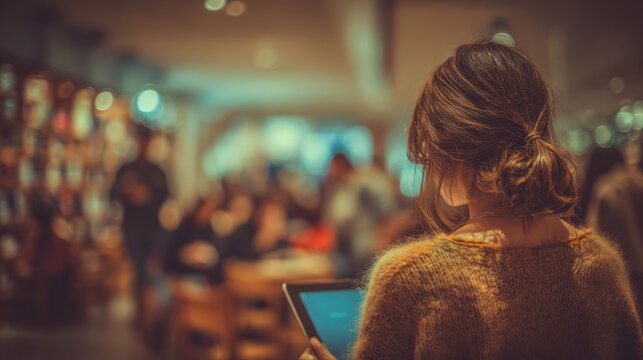 Woman Using Tablet in Cozy Cafe Filled With People in the Evening