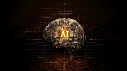 A glowing golden digital brain composed of particles with the letters AI illuminated at its core representing artificial intelligence technology.