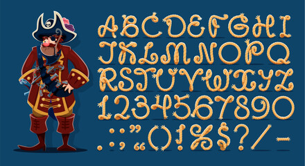 Cartoon rope font, sail ship hawser cable letters. Vector pirate alphabet, numbers and symbols with decorative knots, loops, and textures. Fun maritime abc uppercase letters, digits and punctuation © Vector Tradition