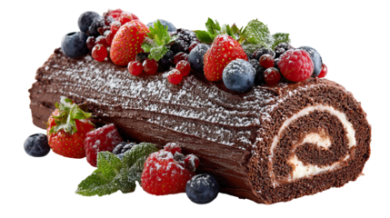 Chocolate Yule Log Cake with Berries and Sugar Dusting on Transparent Background