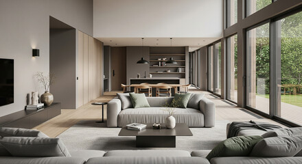 Modern living room interior with gray sofas, minimalist decor, and natural light