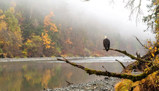 Majestic bald eagle perched on a fallen log overlooking a foggy river valley in autumn