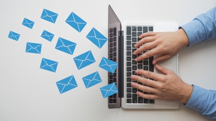 A person is typing on a laptop with email icons floating around, symbolizing digital communication and online correspondence on white background